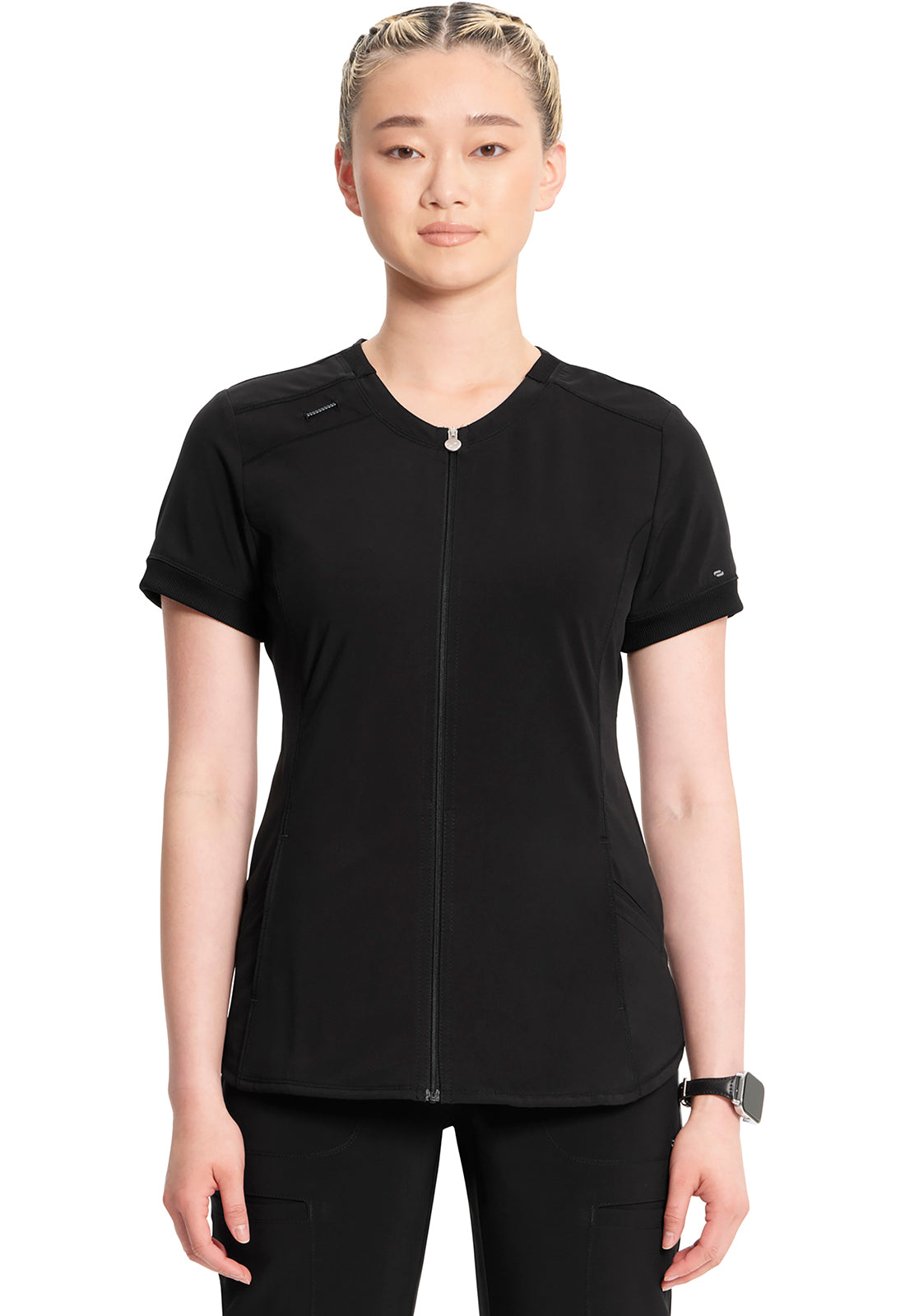 Women's Zip Front V-Neck Top - Black