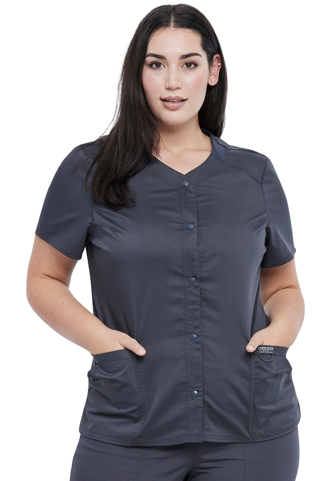 Women's Snap Front V-Neck Top - Pewter