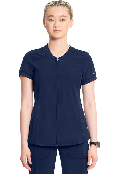 Women's Zip Front V-Neck Top - Navy