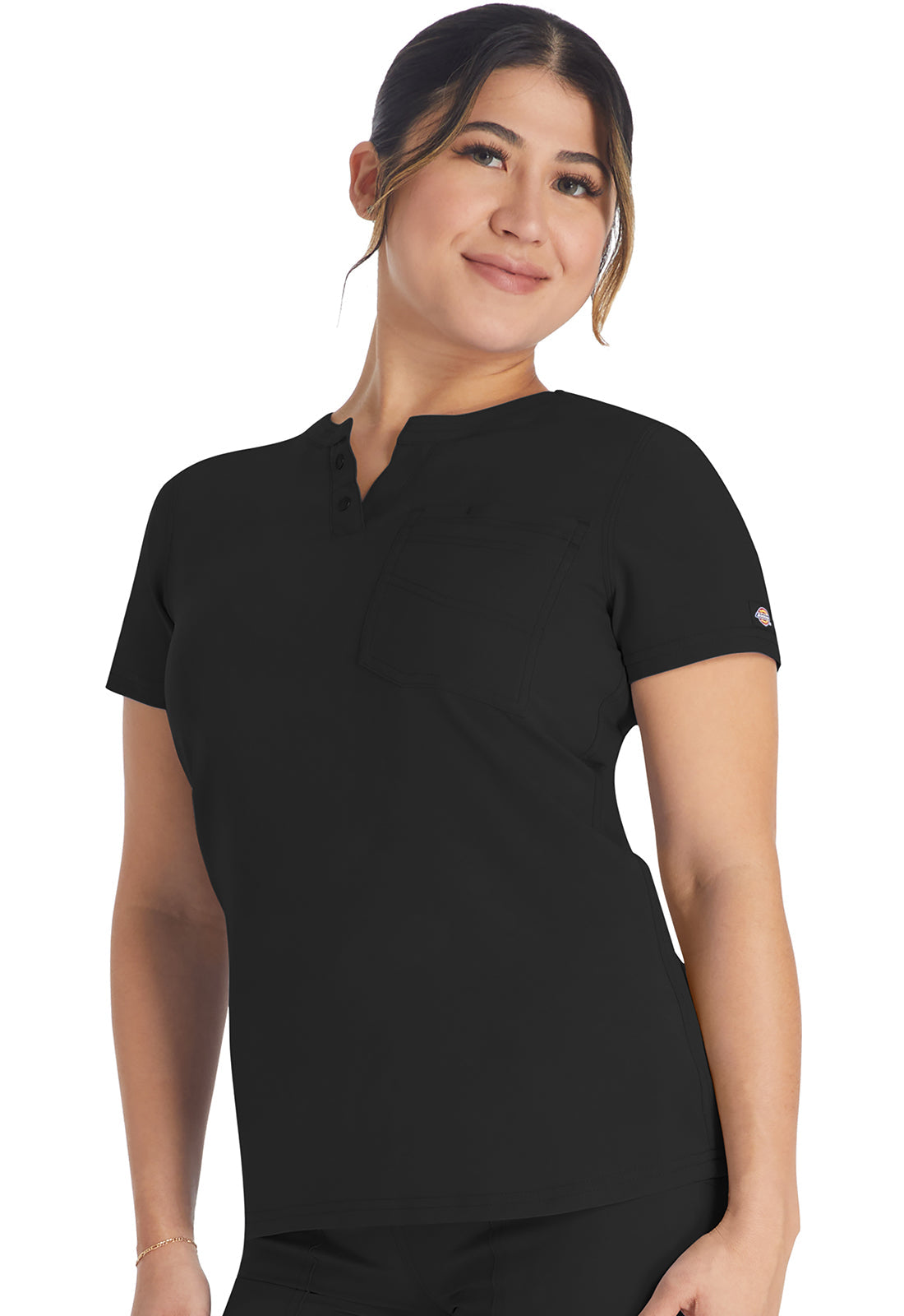 Women's Round Neck Henley Top - Black