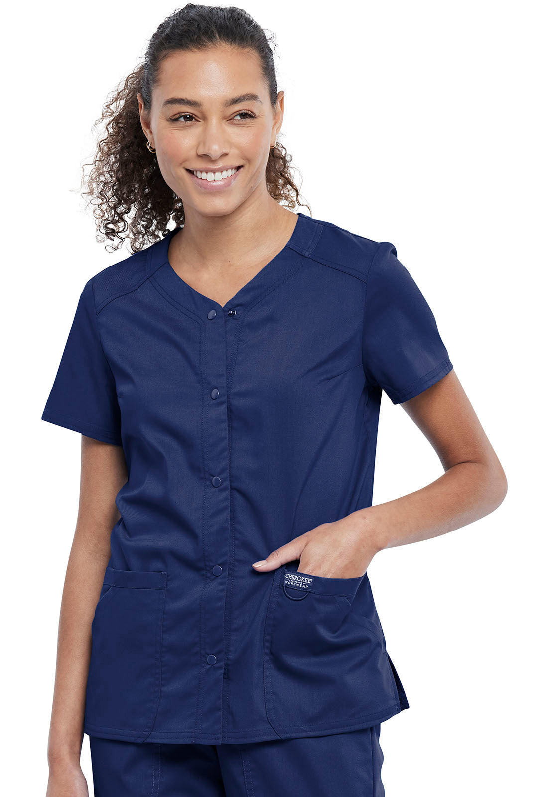 Women's Snap Front V-Neck Top - Navy
